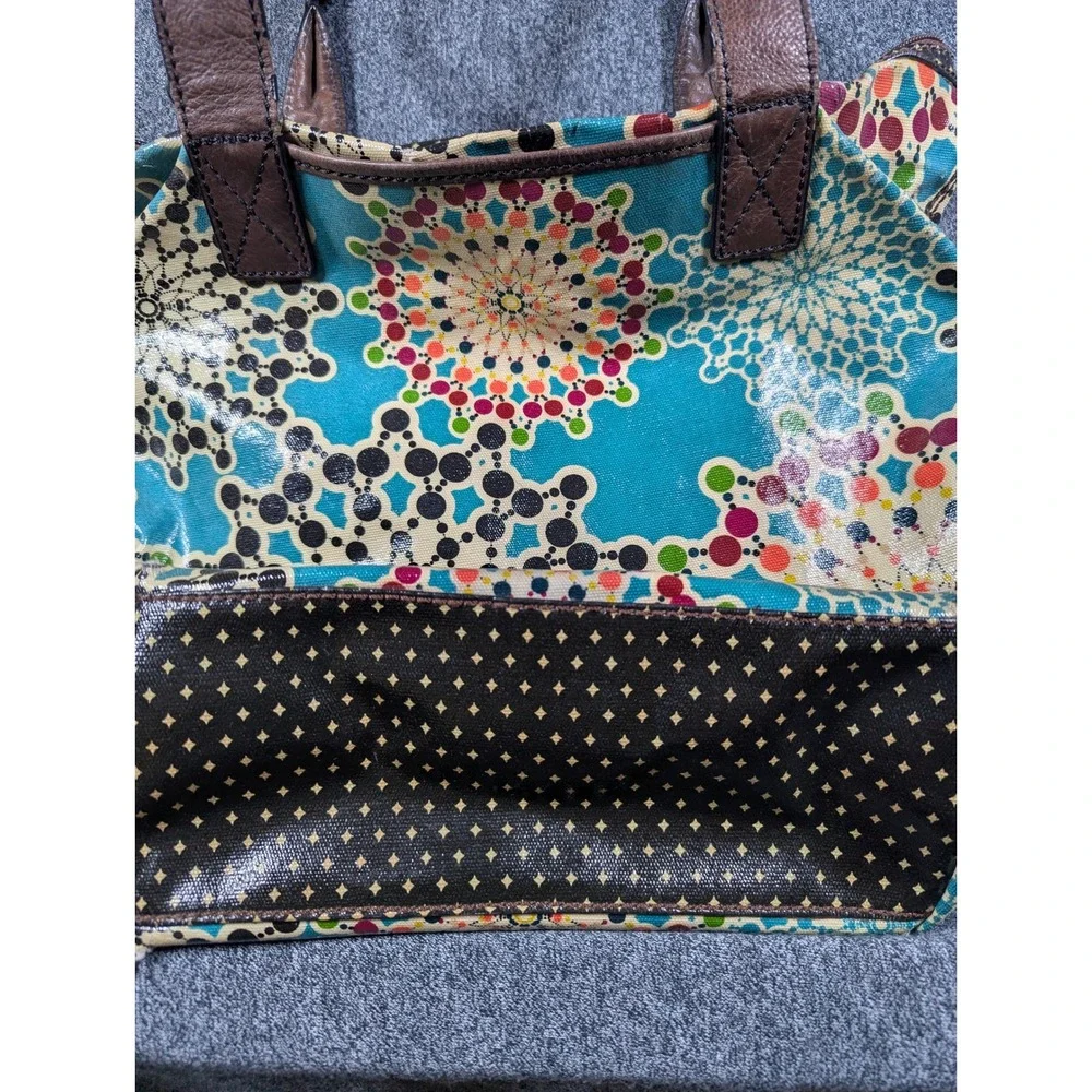 Fossil Key-Per Coated Canvas Tote Bag Teal Kaleidoscope Geometric Dots